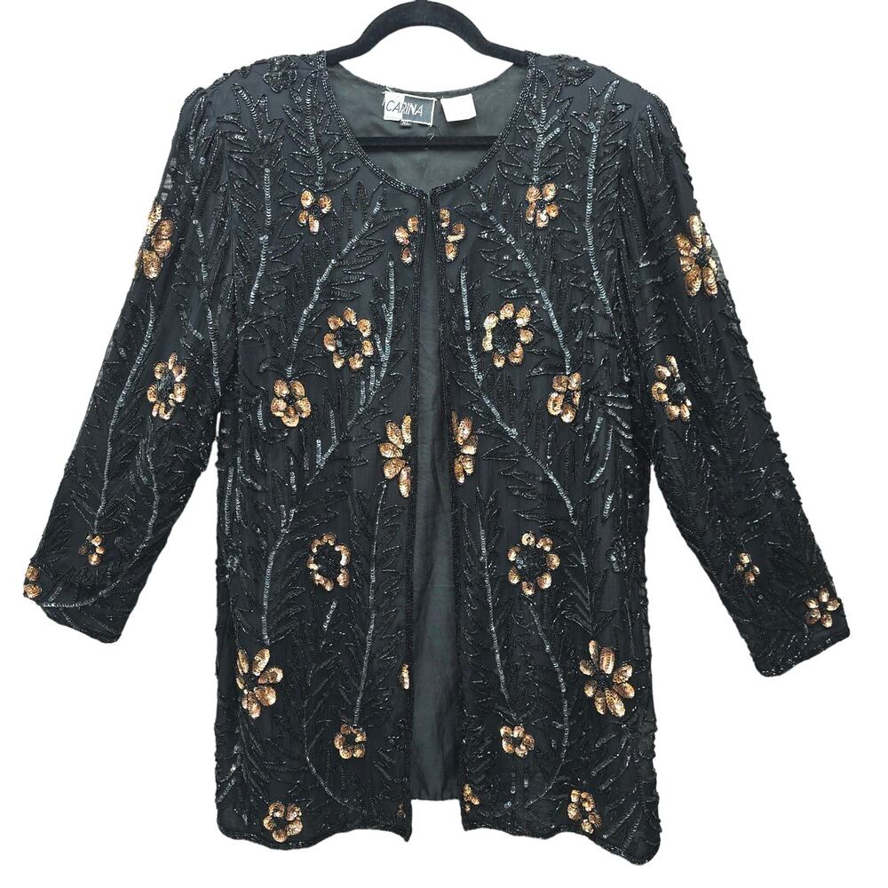 Carina Silk Jacket Womens XL Sequin Black Gold Wedding Mother Bride Groom Guest